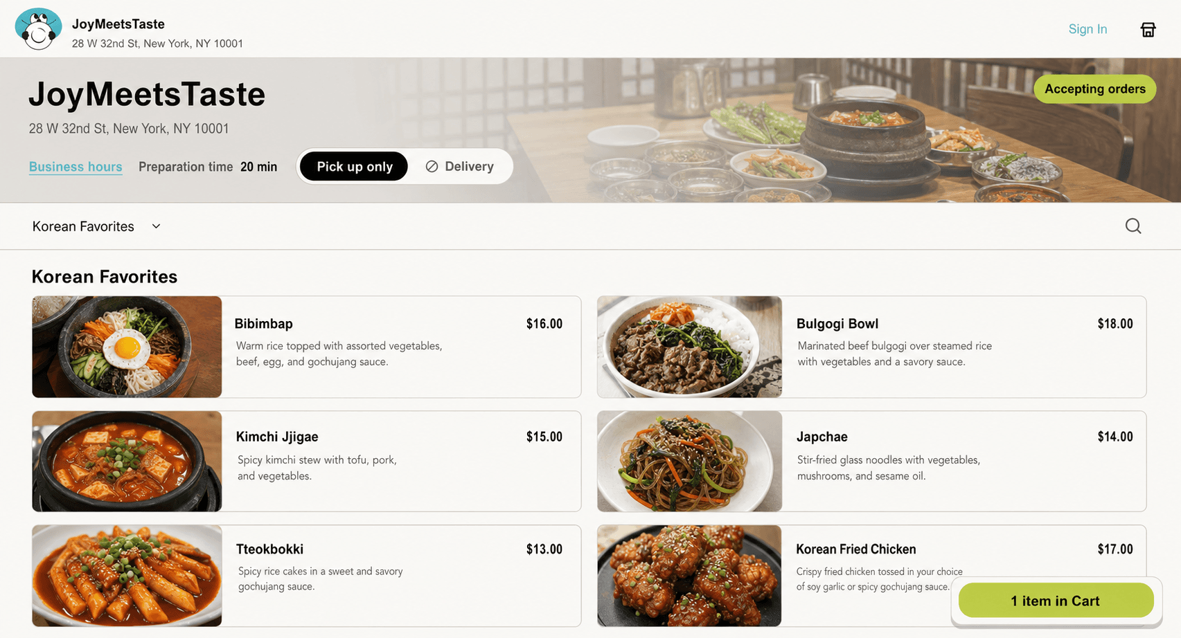 JoyMeetsTaste Korean restaurant ordering interface with a varied menu