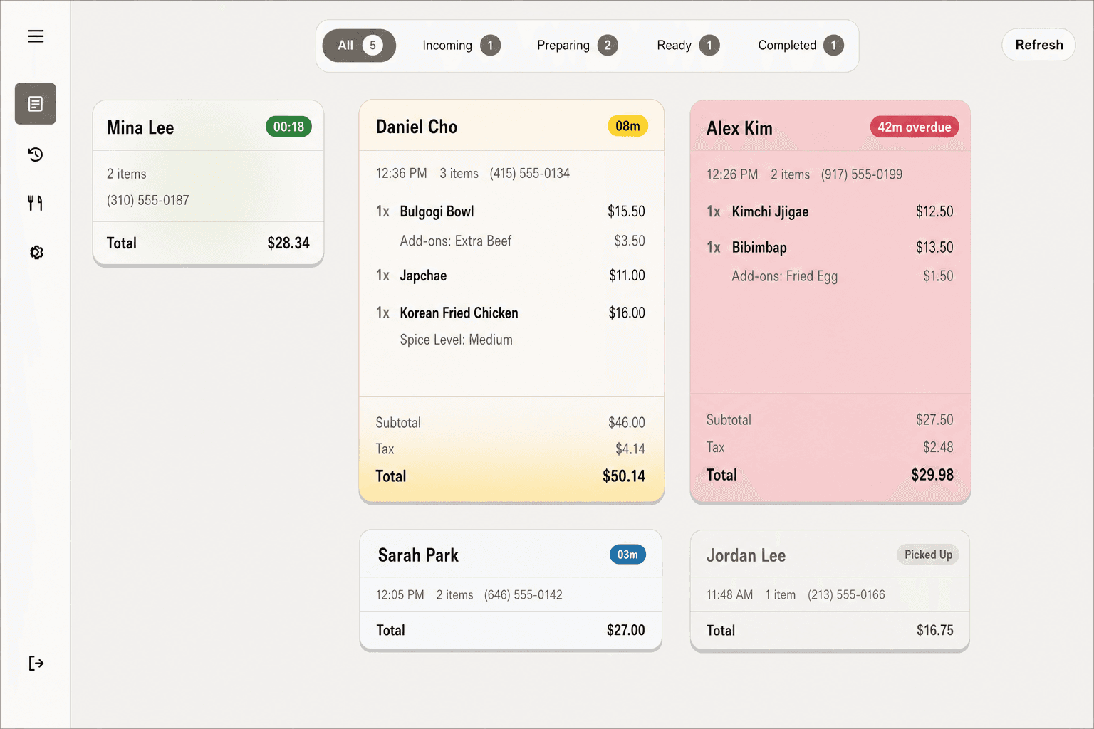 JoyMeetsTaste live order board with compact incoming, ready, and completed cards plus detailed preparing and overdue orders